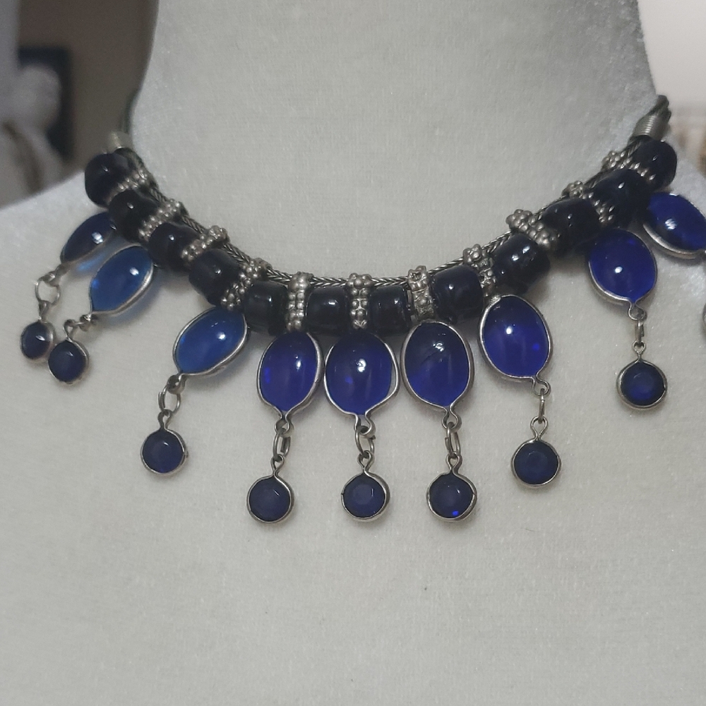 Vintage Royal Blue Glass Drop Choker Necklace - Women Jewelry